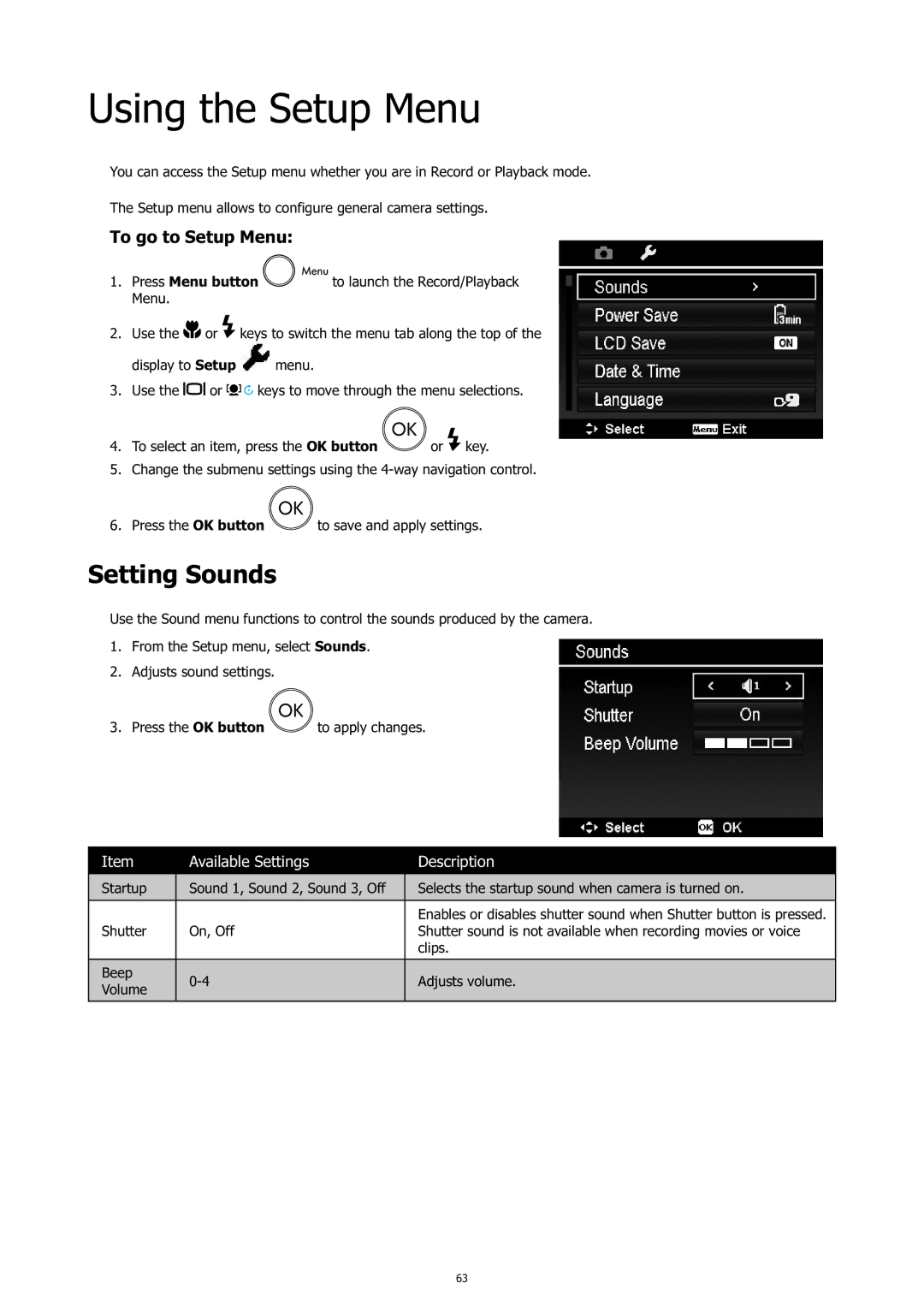 HP c500 manual Using the Setup Menu, Setting Sounds, To go to Setup Menu 