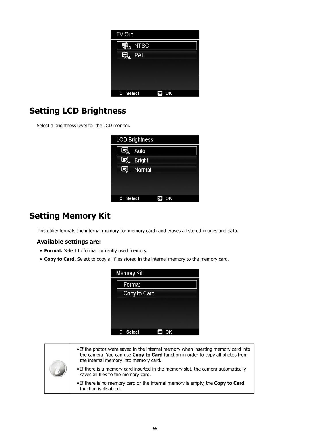 HP c500 manual Setting LCD Brightness, Setting Memory Kit 