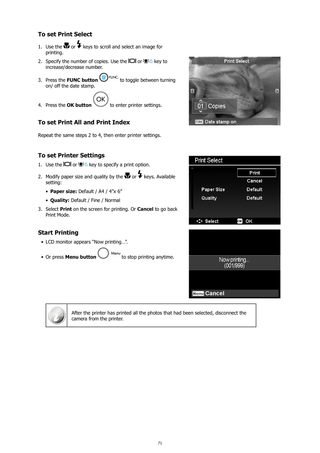 HP c500 manual To set Print Select, To set Print All and Print Index, To set Printer Settings, Start Printing 