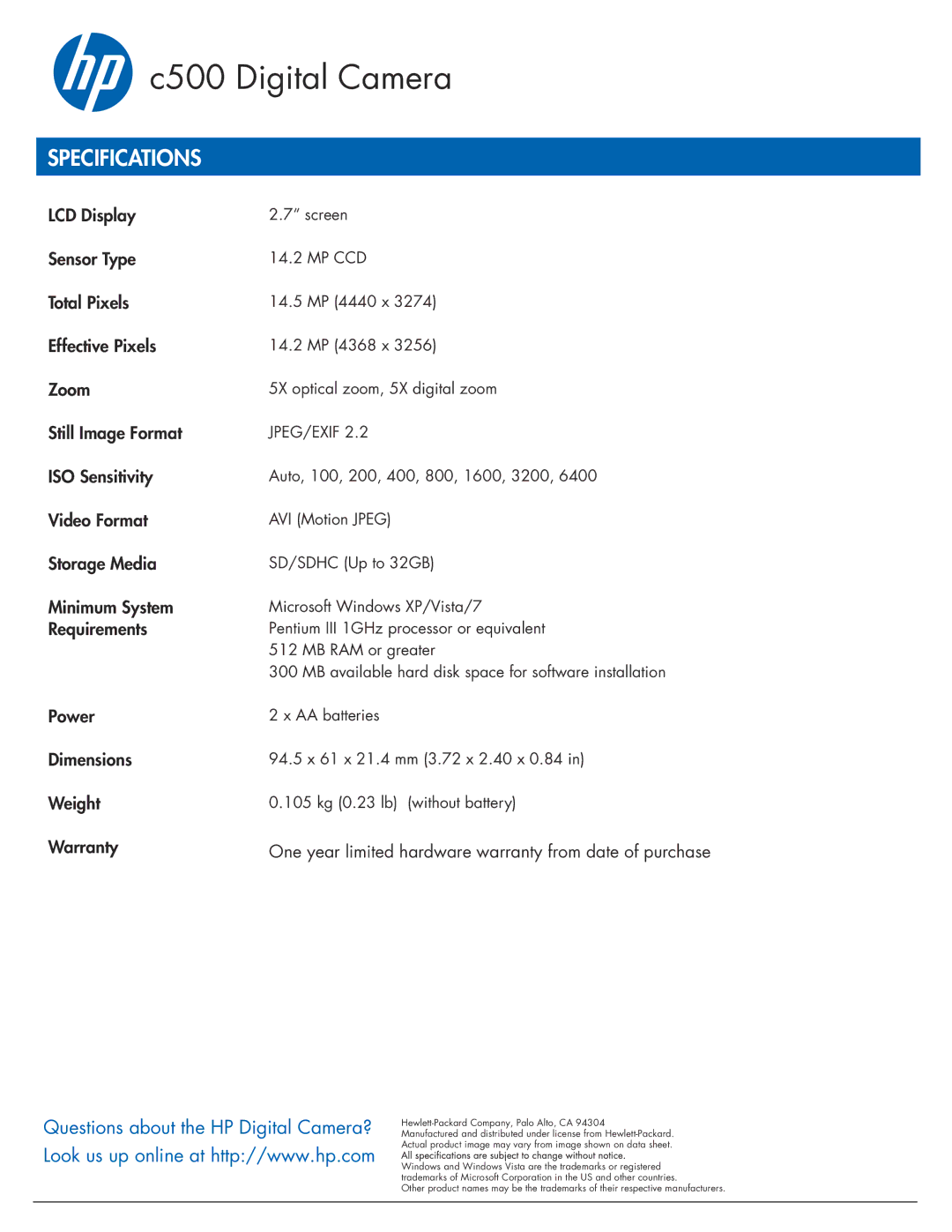 HP c500 manual C500 Digital Camera, Specifications 