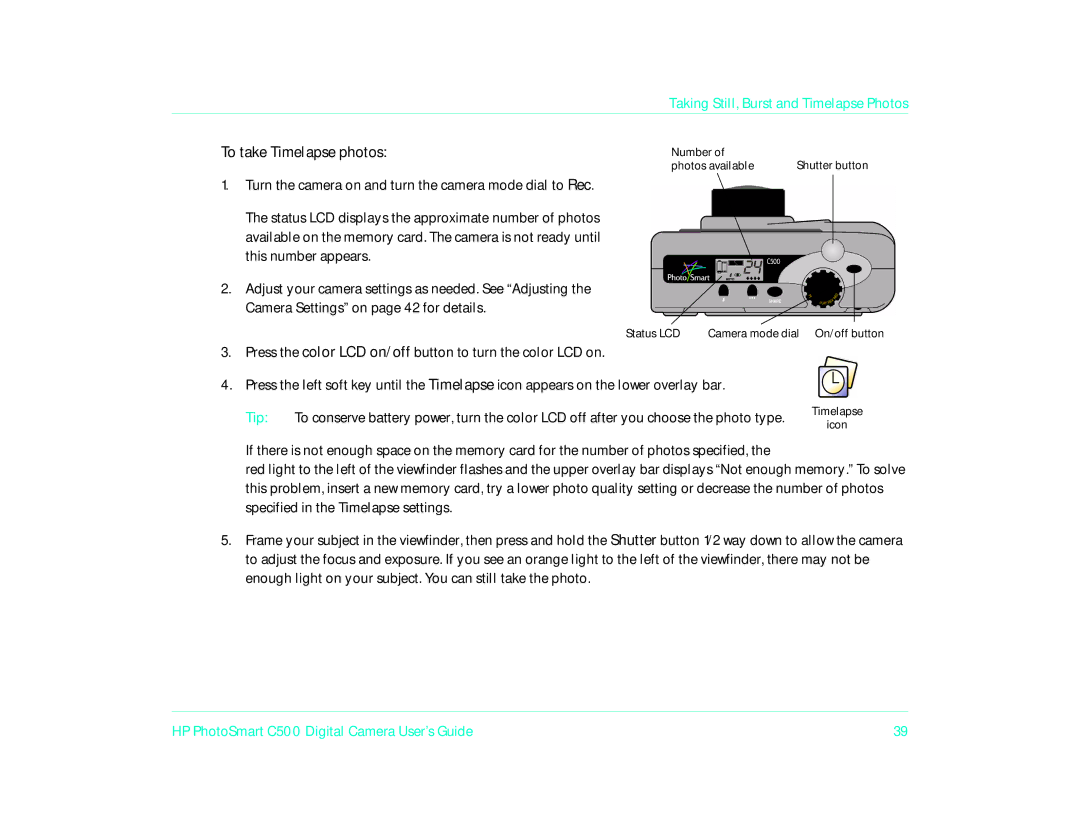 HP c500 manual To take Timelapse photos 