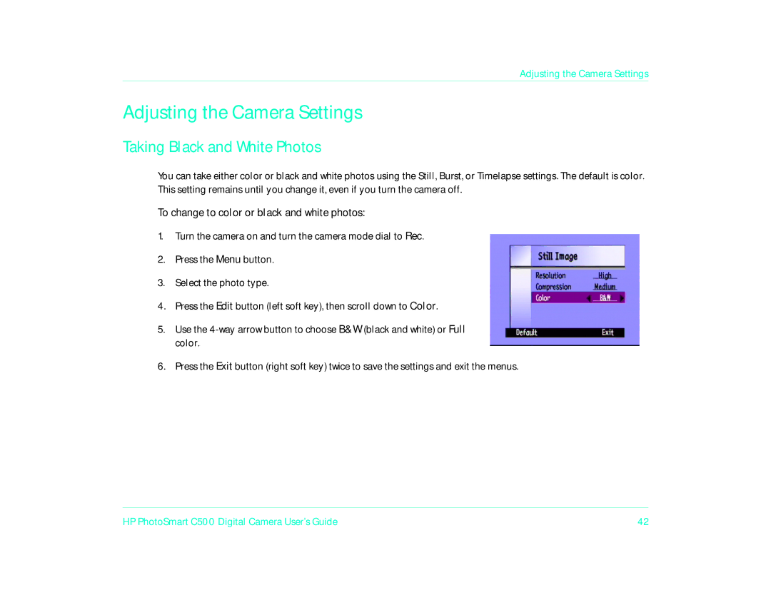 HP c500 manual Taking Black and White Photos, To change to color or black and white photos 