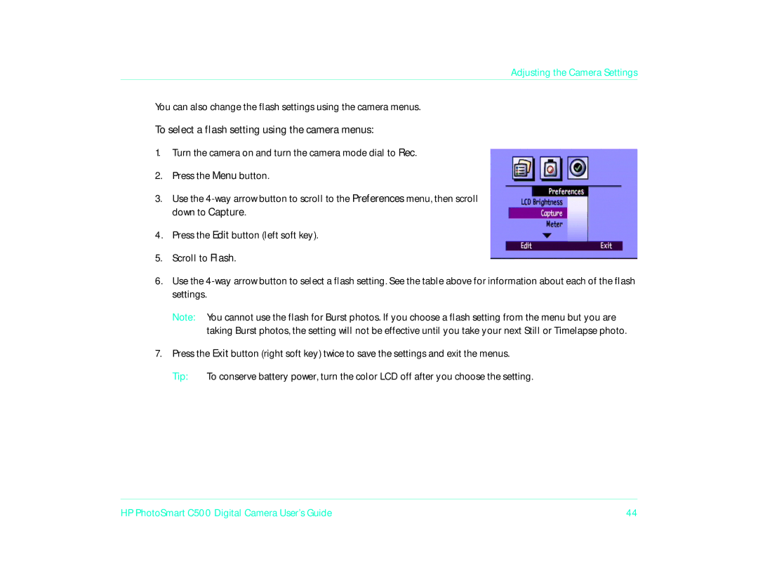 HP c500 manual To select a flash setting using the camera menus 