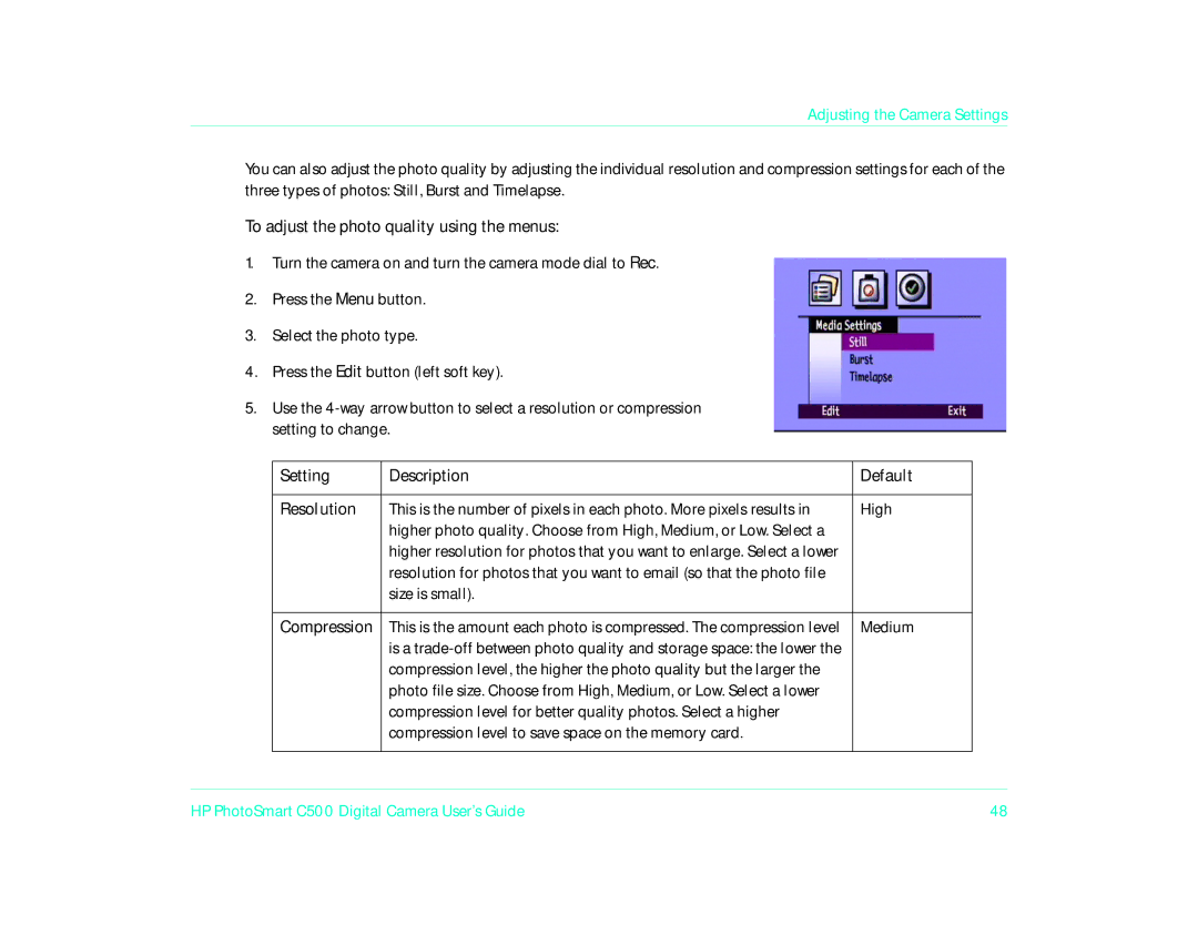 HP c500 manual To adjust the photo quality using the menus, Setting Description Default Resolution 