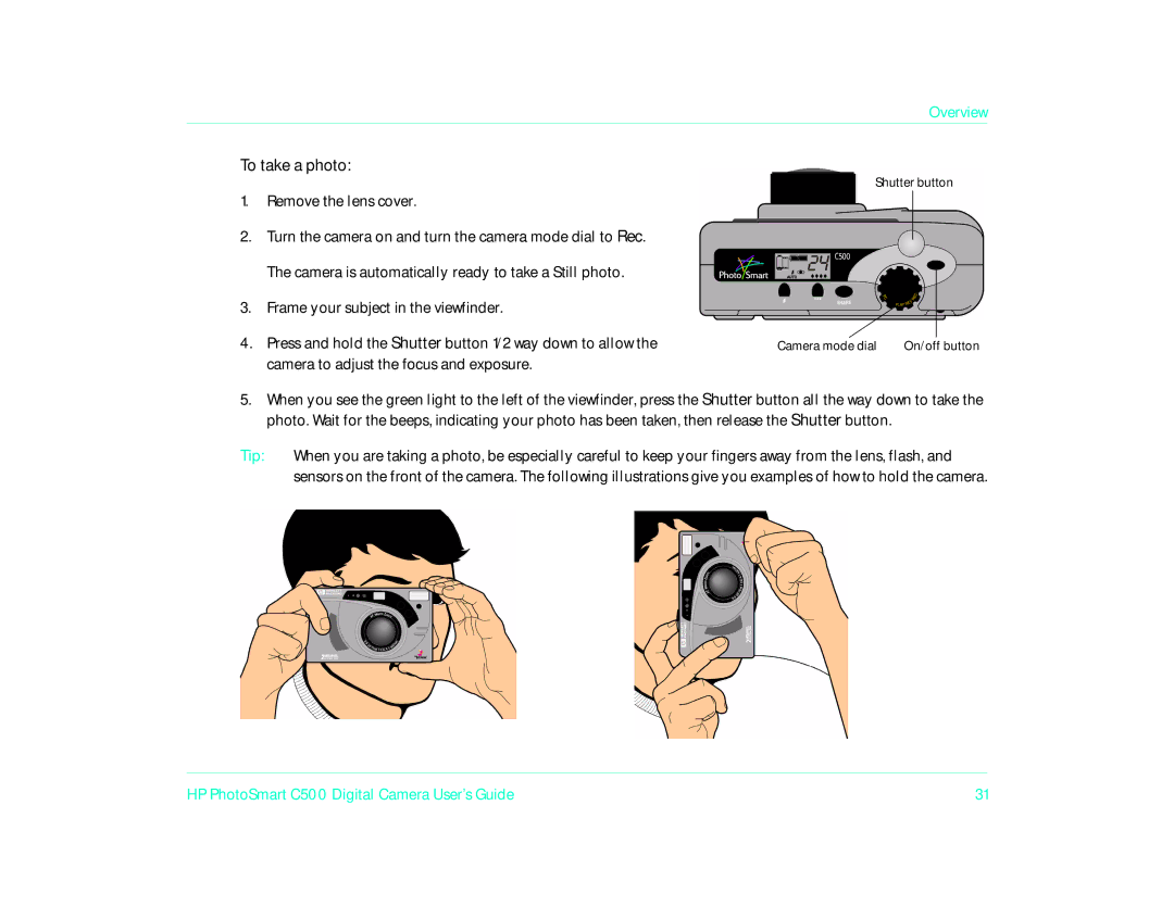 HP c500 manual To take a photo, Remove the lens cover 