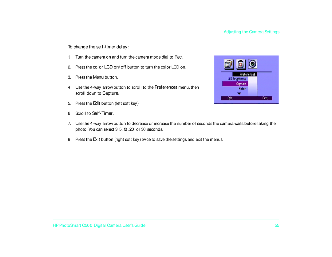 HP c500 manual To change the self-timer delay, Scroll to Self-Timer 