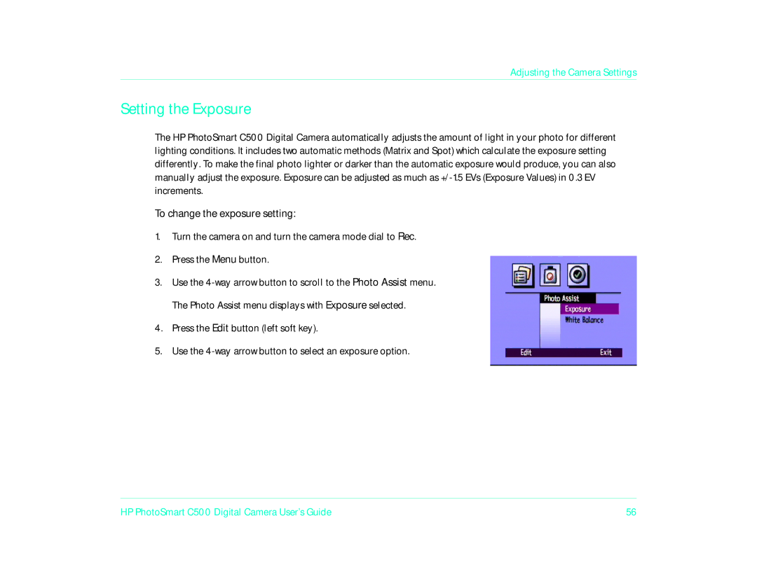 HP c500 manual Setting the Exposure, To change the exposure setting 