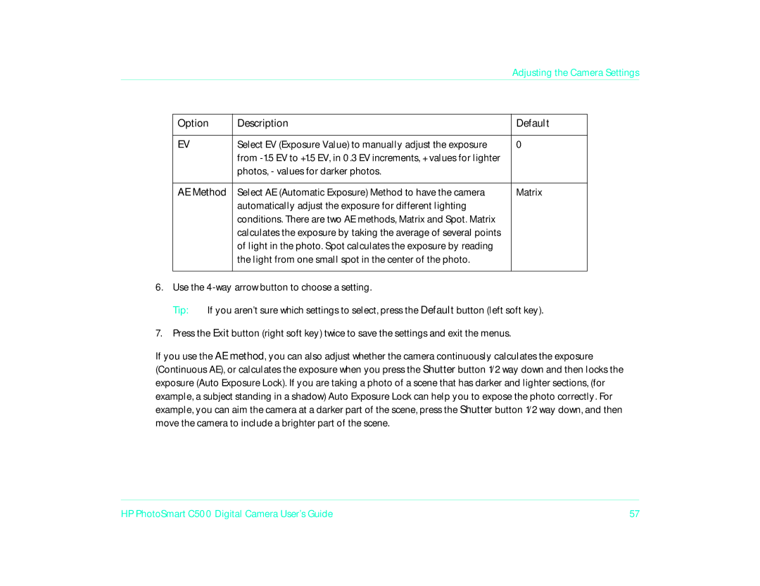 HP c500 manual Option Description Default 