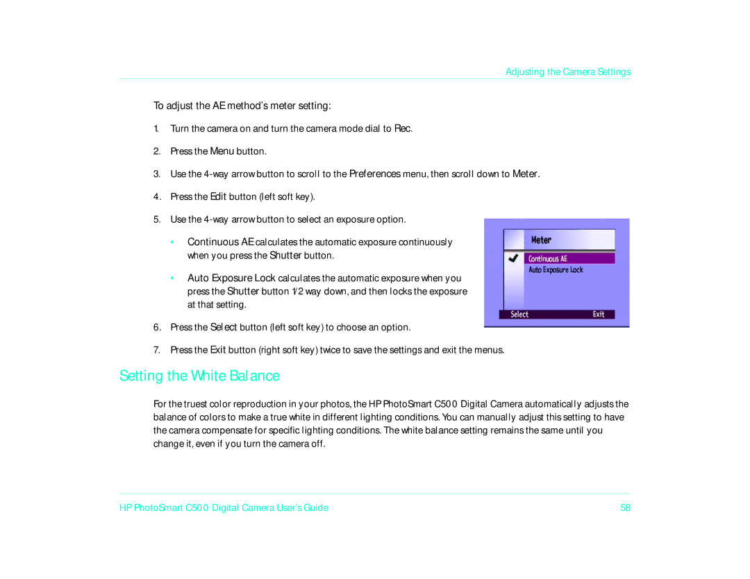 HP c500 manual Setting the White Balance, To adjust the AE method’s meter setting 