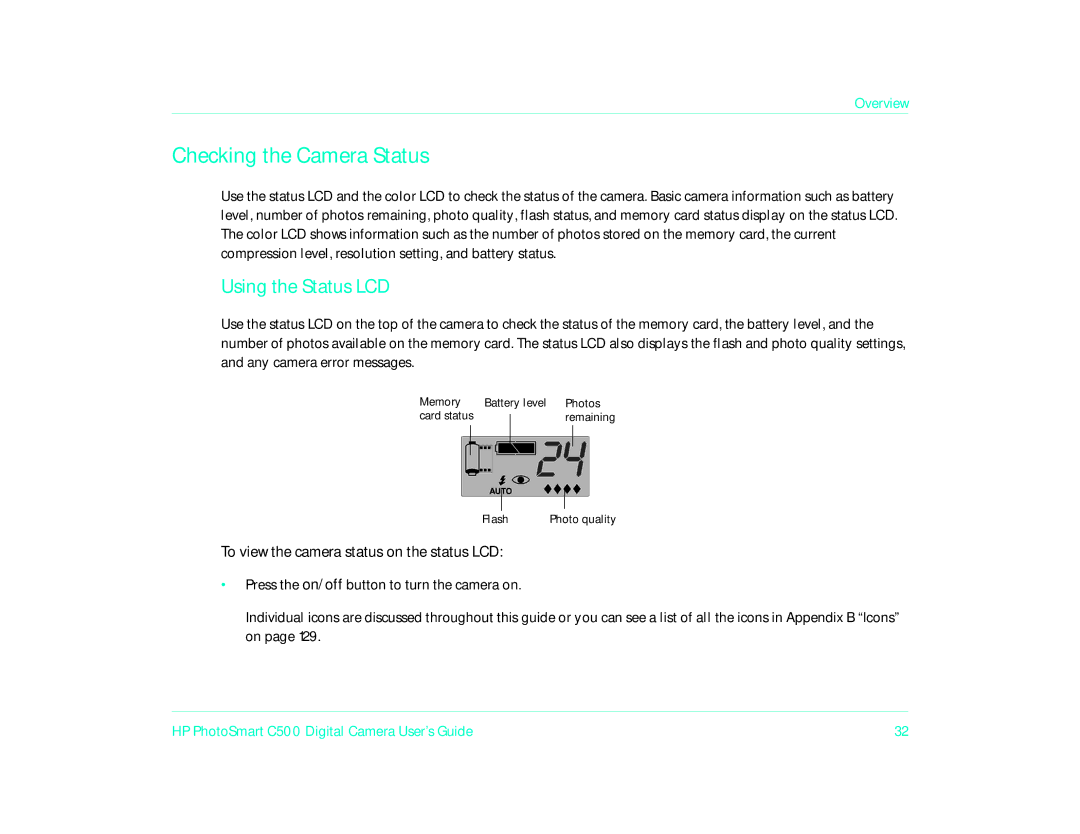 HP c500 manual Checking the Camera Status, To view the camera status on the status LCD 