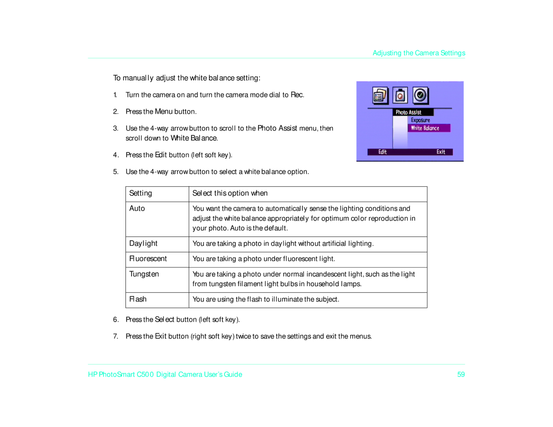 HP c500 To manually adjust the white balance setting, Setting Select this option when Auto 