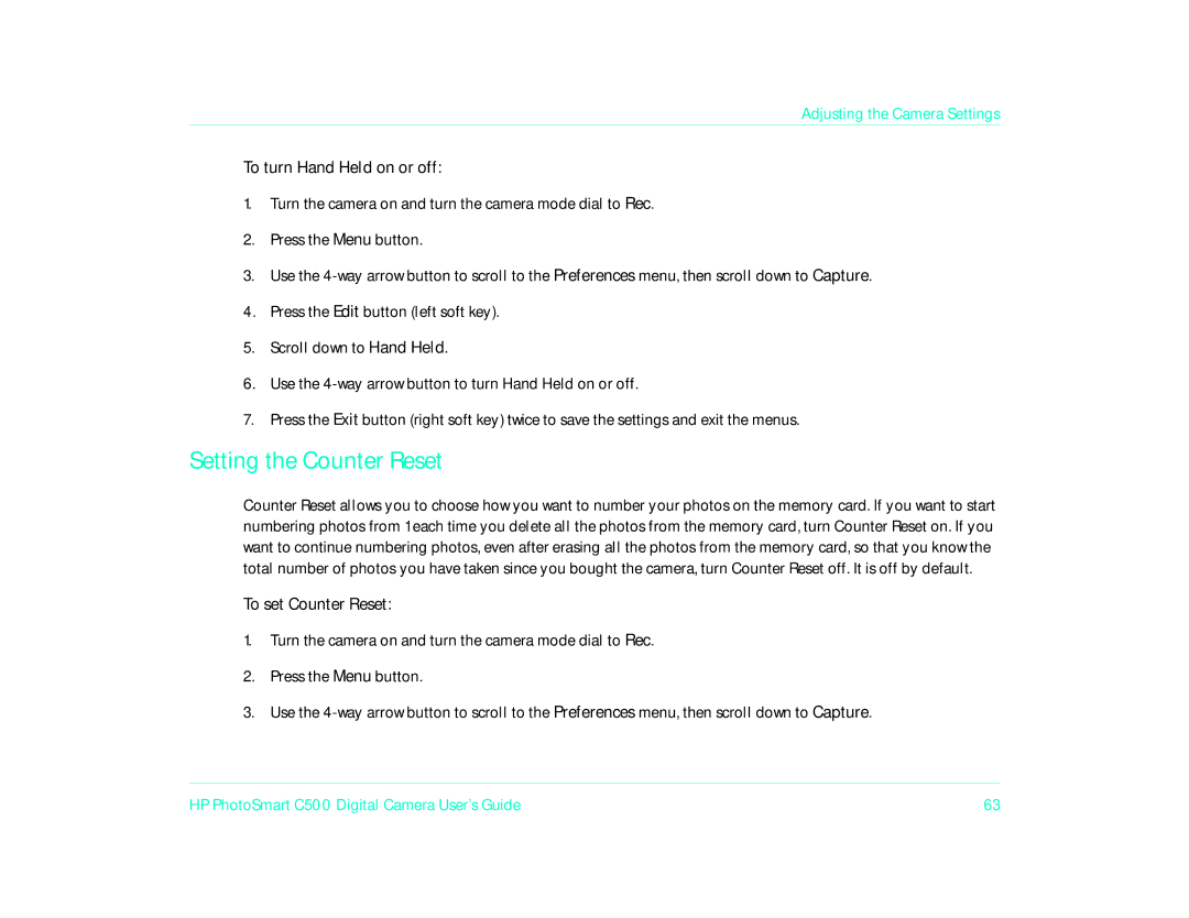 HP c500 manual Setting the Counter Reset, To turn Hand Held on or off, To set Counter Reset 