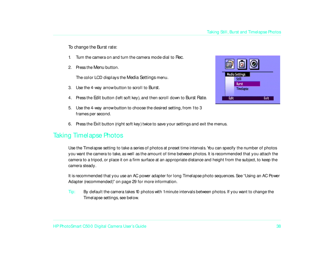 HP c500 manual Taking Timelapse Photos, To change the Burst rate 