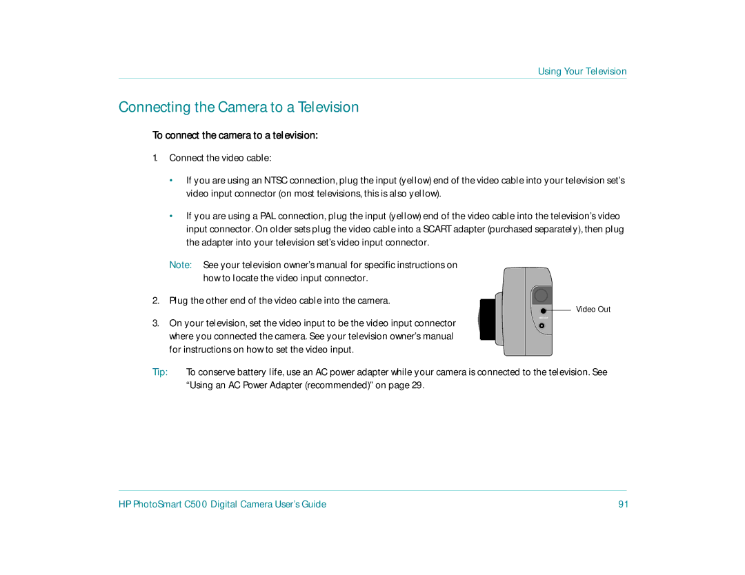 HP c500 manual Connecting the Camera to a Television, To connect the camera to a television 