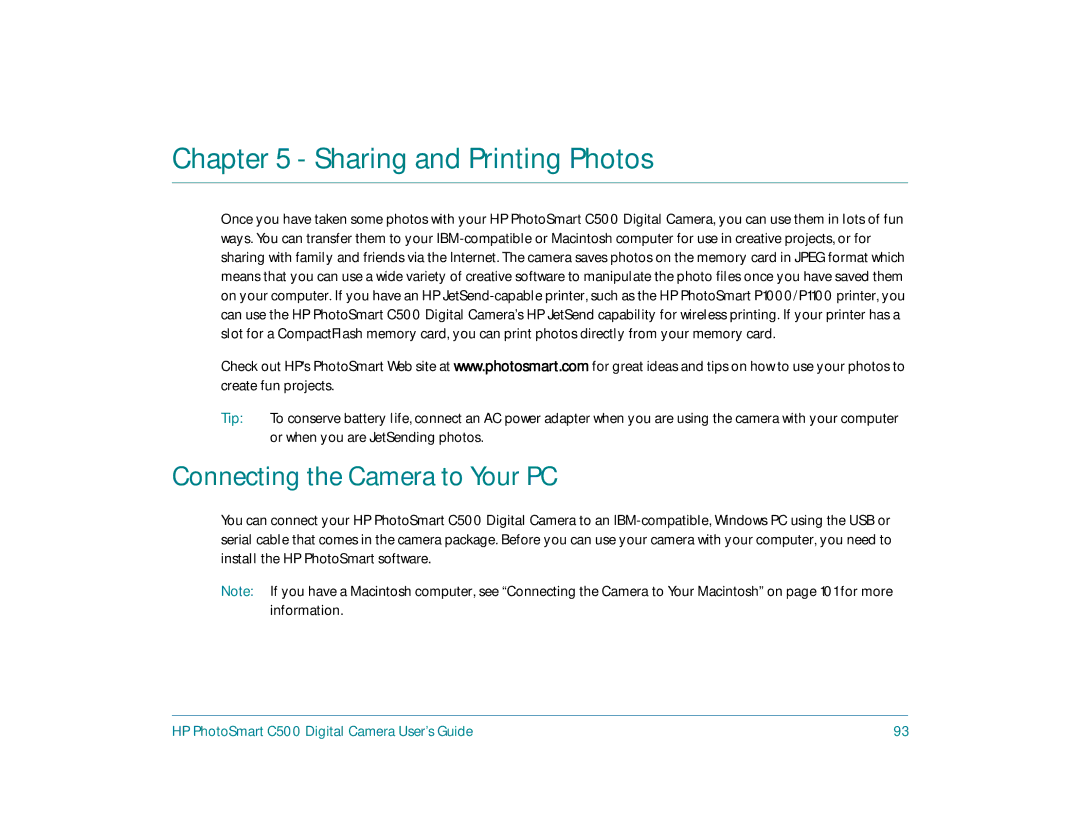 HP c500 manual Sharing and Printing Photos, Connecting the Camera to Your PC 