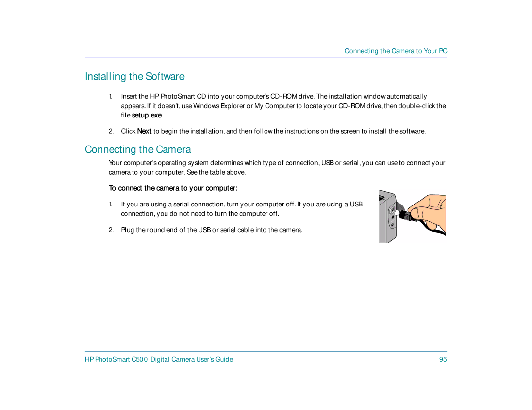 HP c500 manual Installing the Software, Connecting the Camera, To connect the camera to your computer 