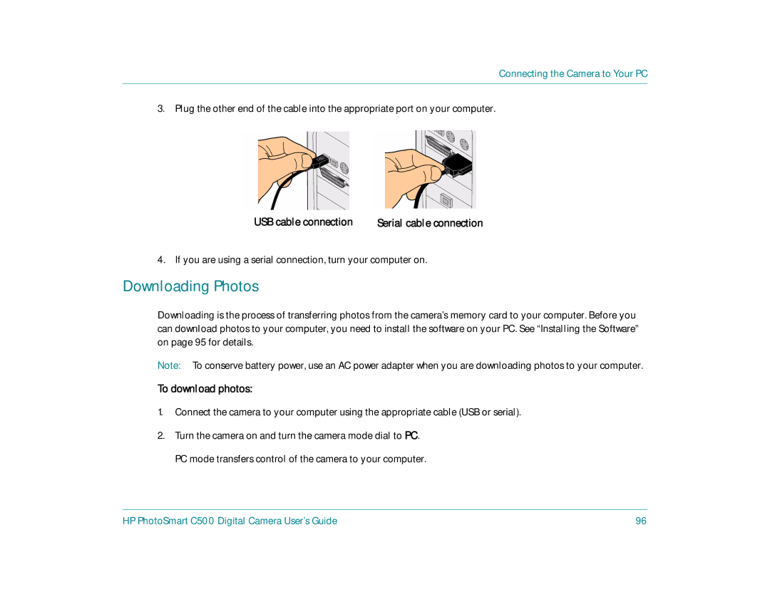 HP c500 manual Downloading Photos, If you are using a serial connection, turn your computer on, To download photos 