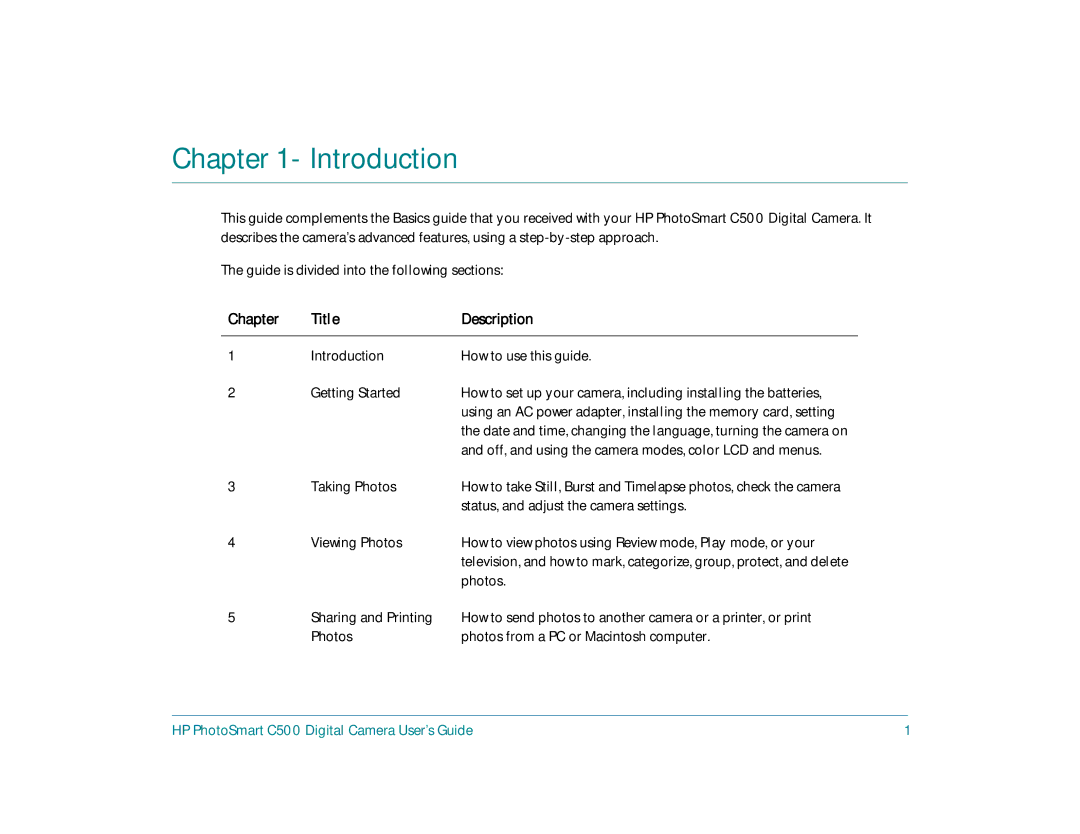 HP c500 manual Chapter Title Description 