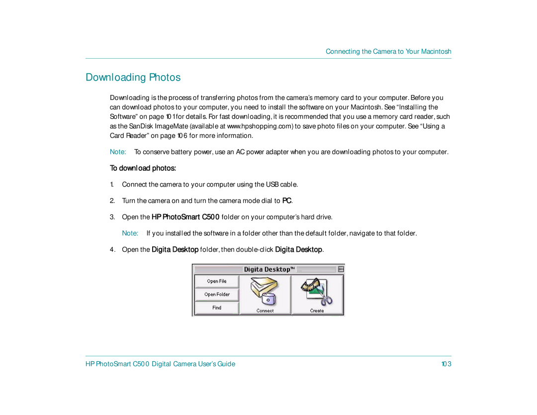 HP c500 manual Downloading Photos, HP PhotoSmart C500 Digital Camera User’s Guide 103 