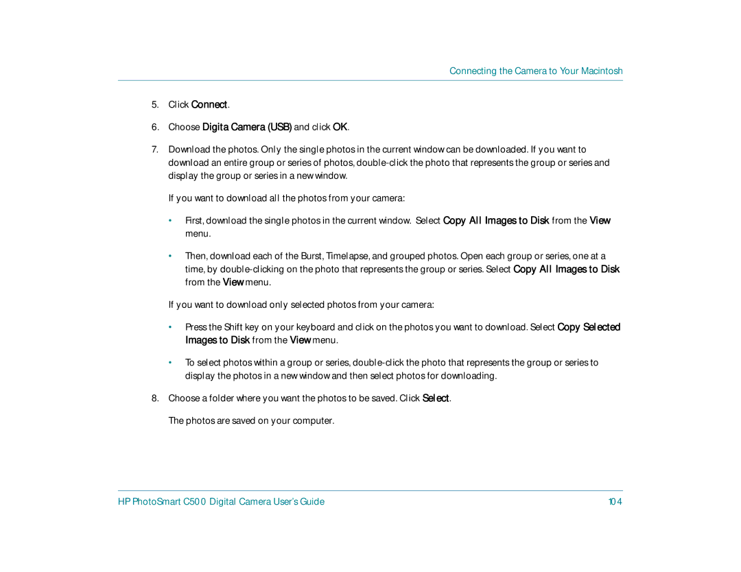 HP c500 manual Click Connect, Choose Digita Camera USB and click OK, HP PhotoSmart C500 Digital Camera User’s Guide 104 