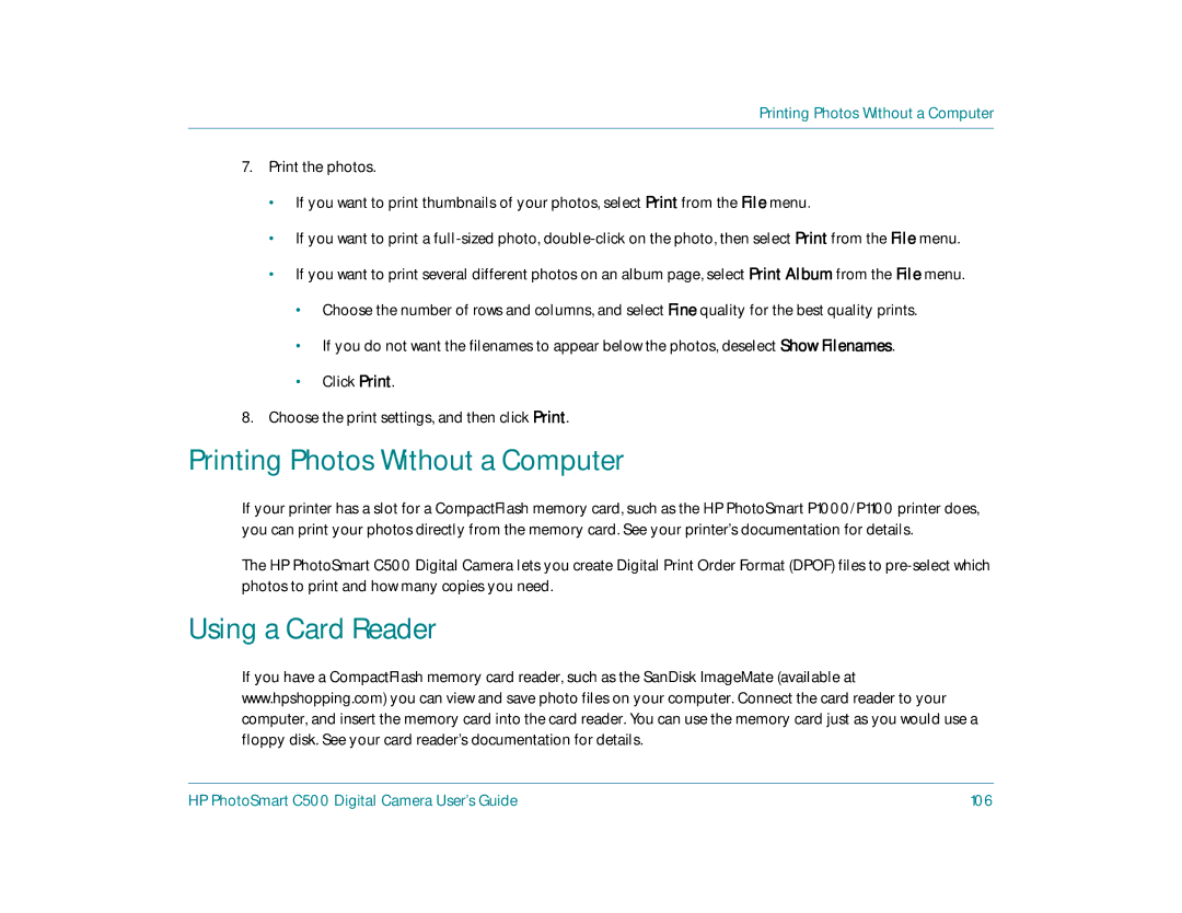 HP c500 manual Printing Photos Without a Computer, Using a Card Reader, HP PhotoSmart C500 Digital Camera User’s Guide 106 