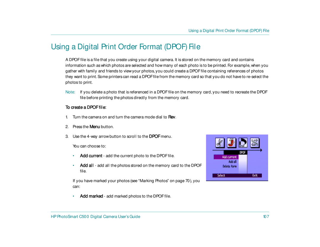 HP c500 manual Using a Digital Print Order Format Dpof File, To create a Dpof file 