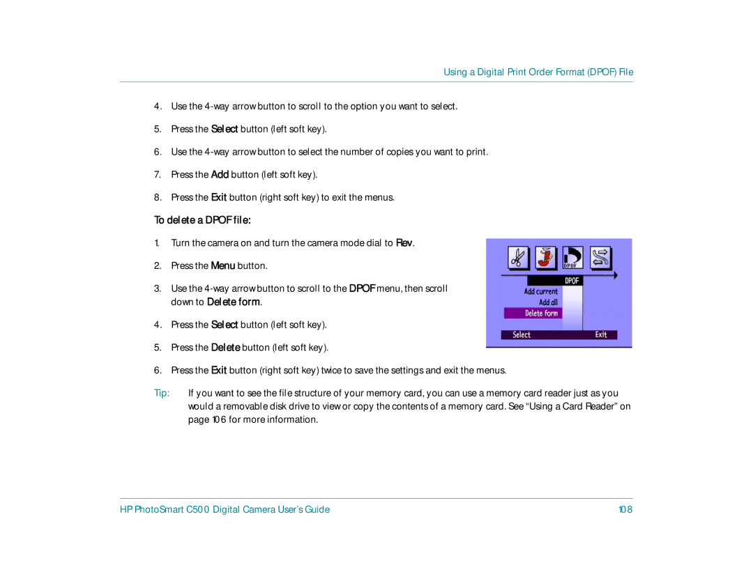 HP c500 manual To delete a Dpof file, HP PhotoSmart C500 Digital Camera User’s Guide 108 