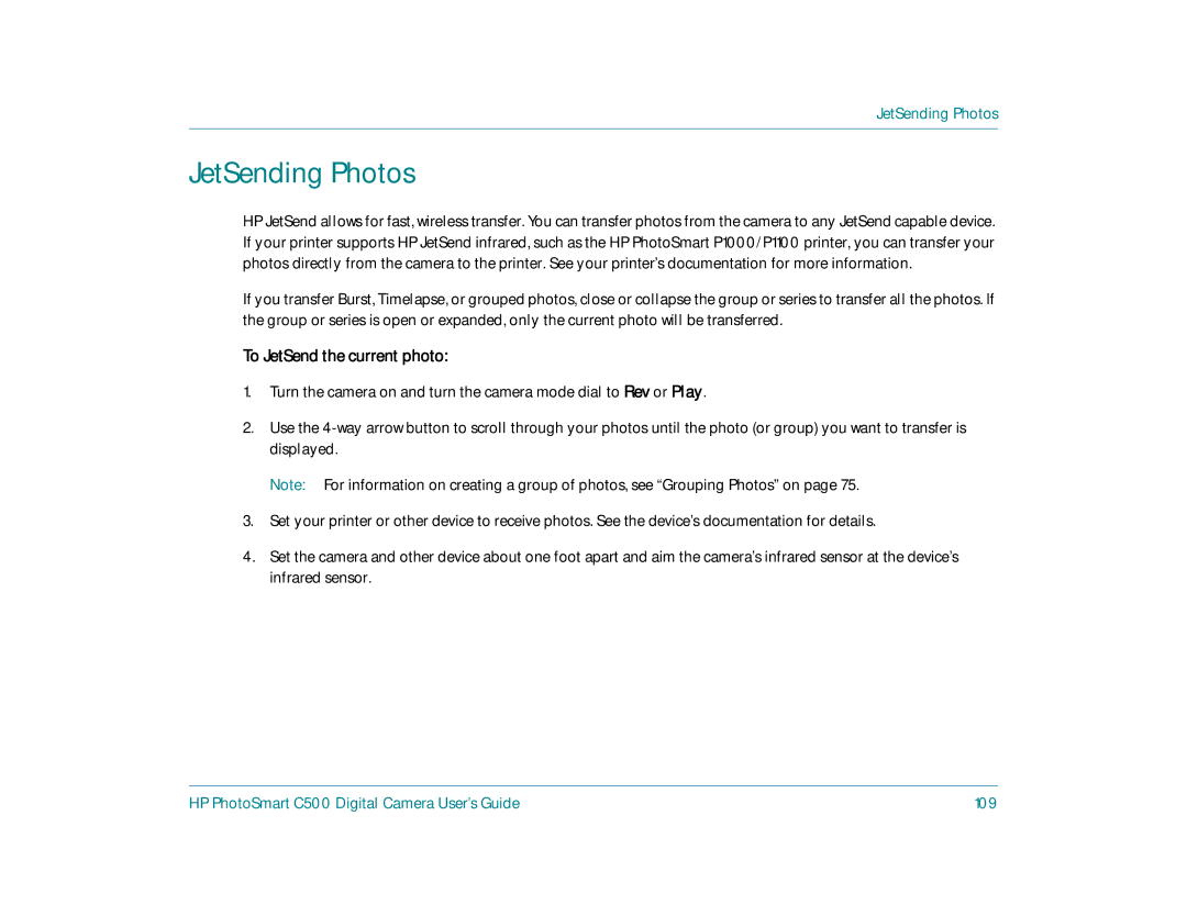 HP c500 manual JetSending Photos, To JetSend the current photo, HP PhotoSmart C500 Digital Camera User’s Guide 109 
