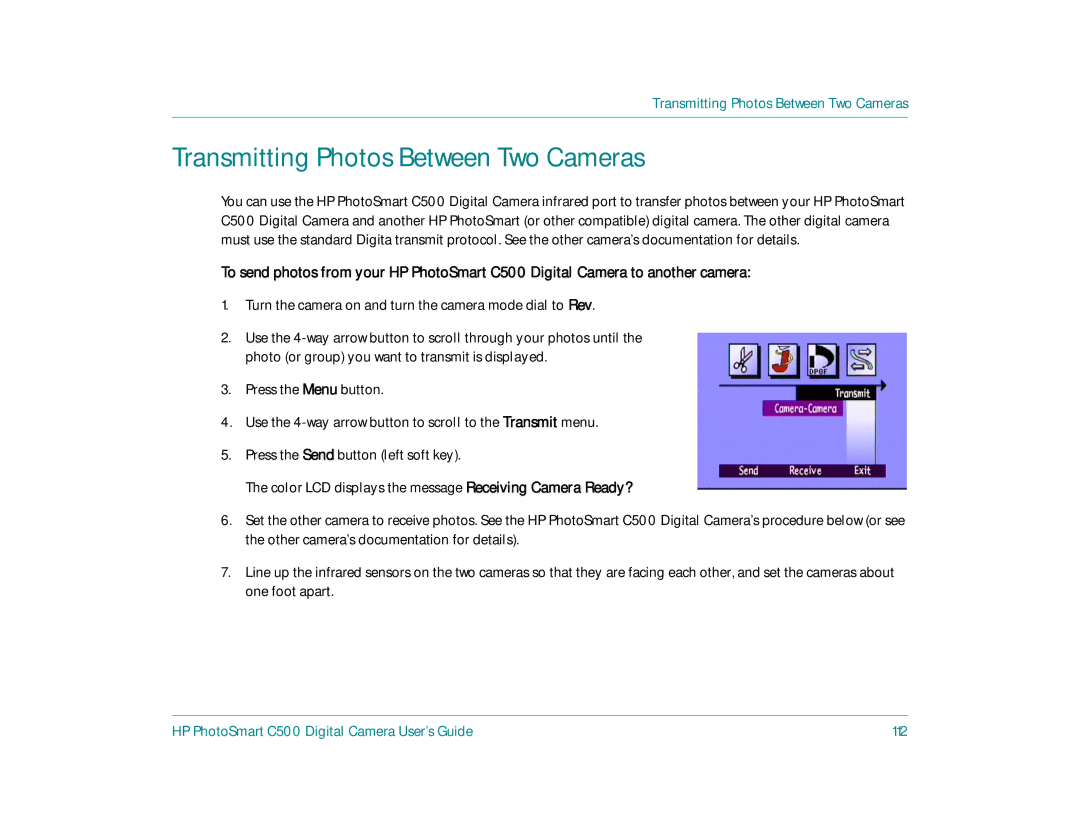 HP c500 manual Transmitting Photos Between Two Cameras, HP PhotoSmart C500 Digital Camera User’s Guide 112 