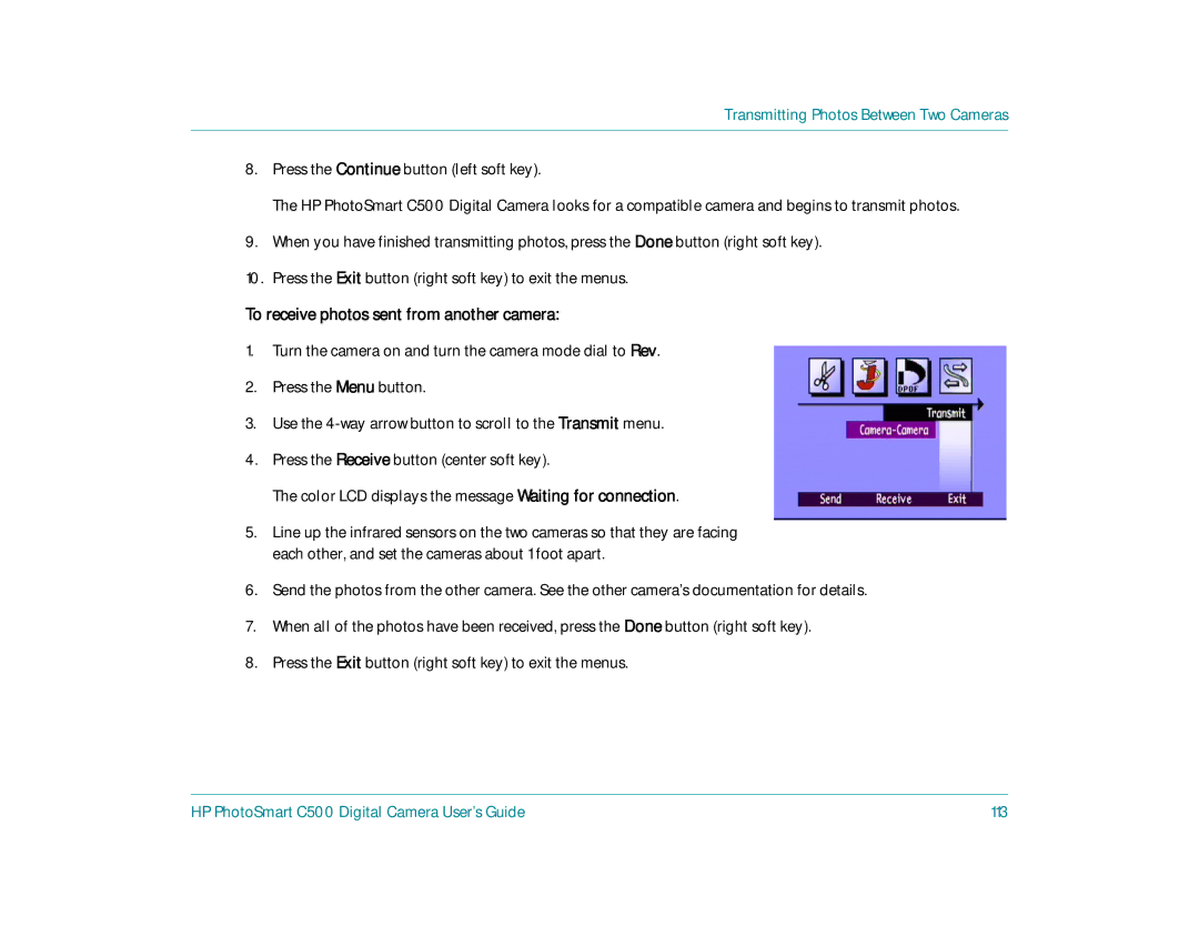 HP c500 manual To receive photos sent from another camera, HP PhotoSmart C500 Digital Camera User’s Guide 113 