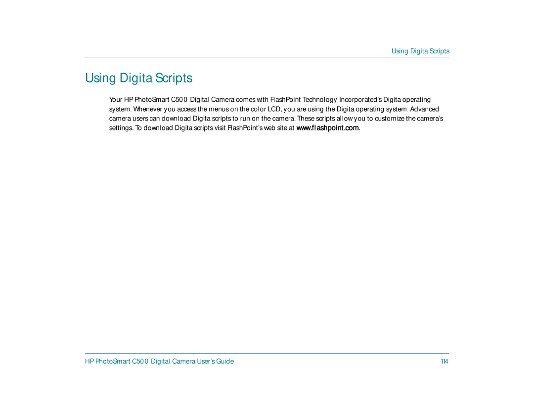 HP c500 manual Using Digita Scripts, HP PhotoSmart C500 Digital Camera User’s Guide 114 