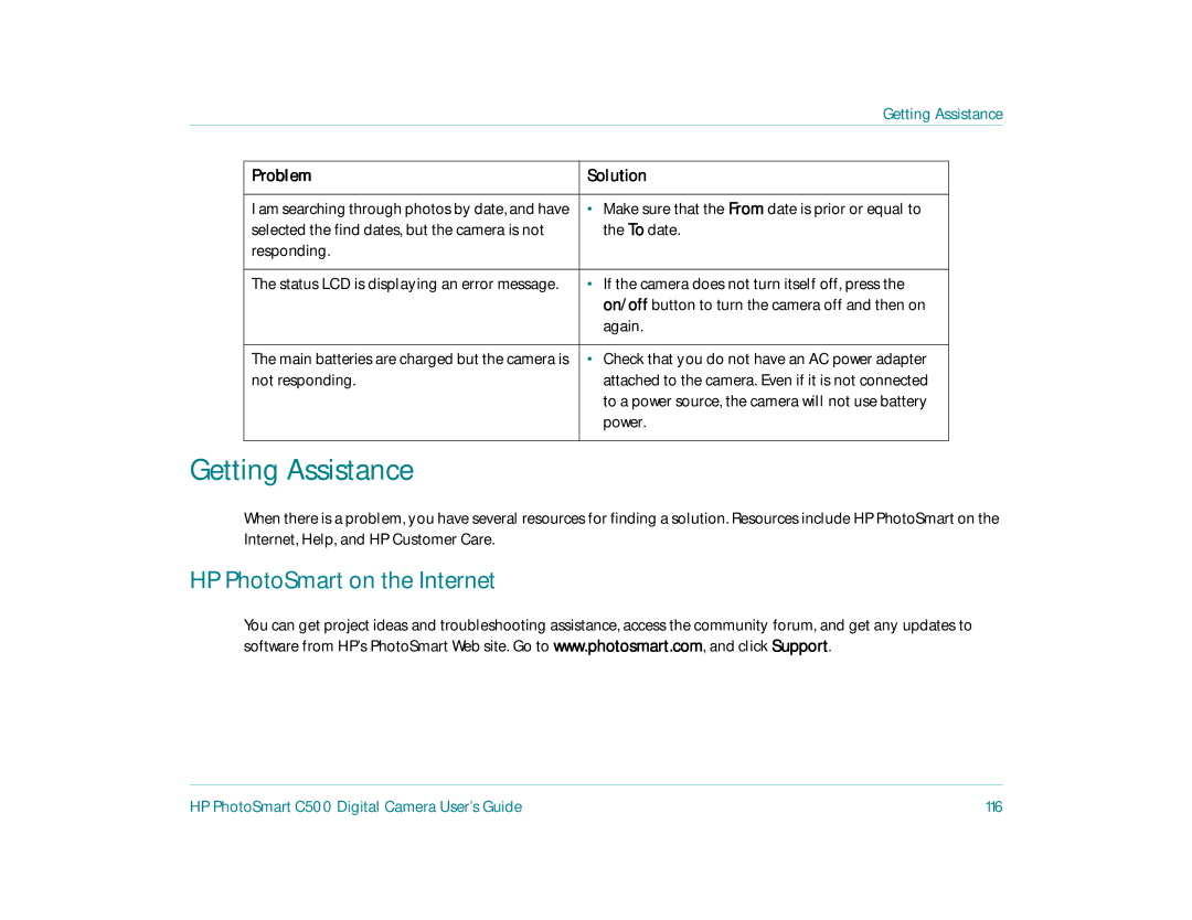 HP c500 manual Getting Assistance, HP PhotoSmart on the Internet, HP PhotoSmart C500 Digital Camera User’s Guide 116 