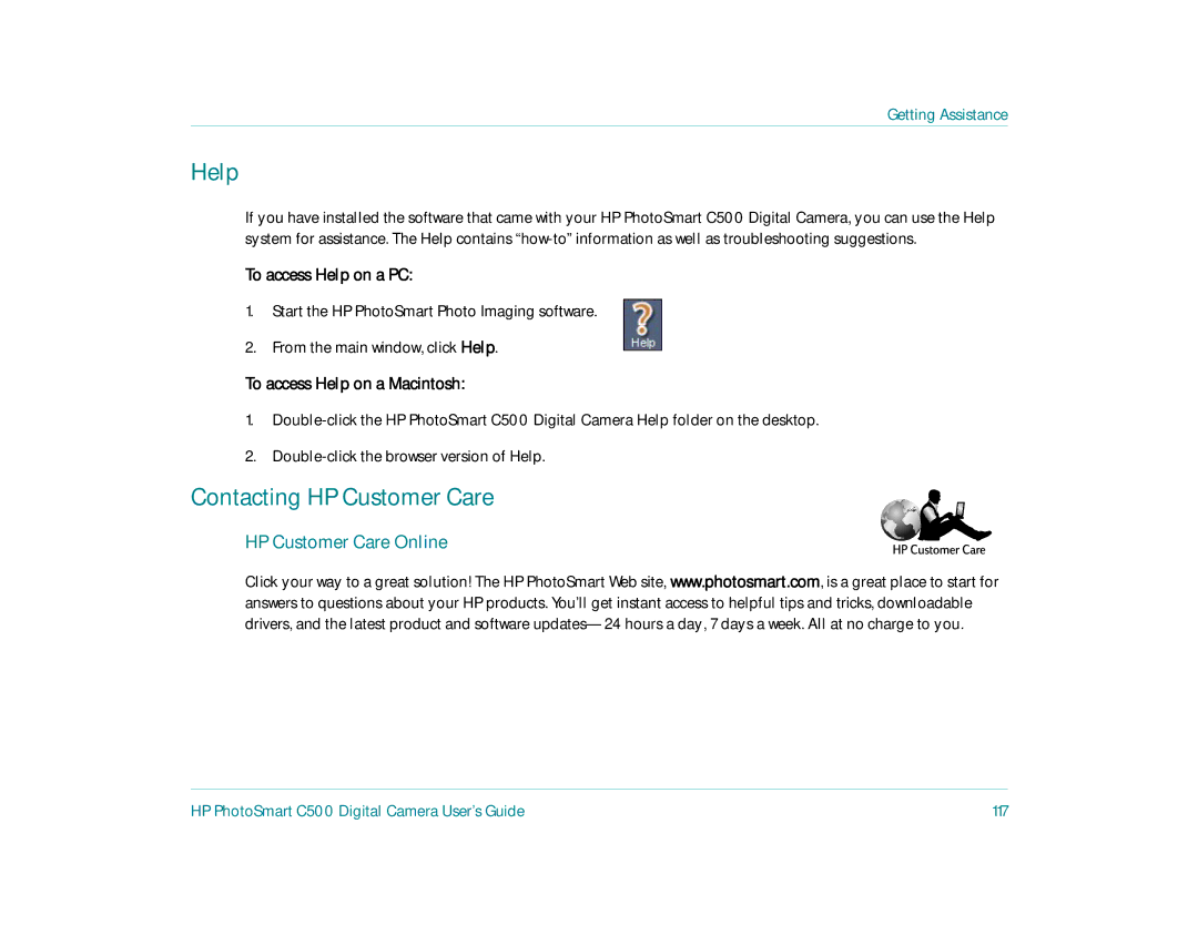 HP c500 manual Contacting HP Customer Care, To access Help on a PC, To access Help on a Macintosh 