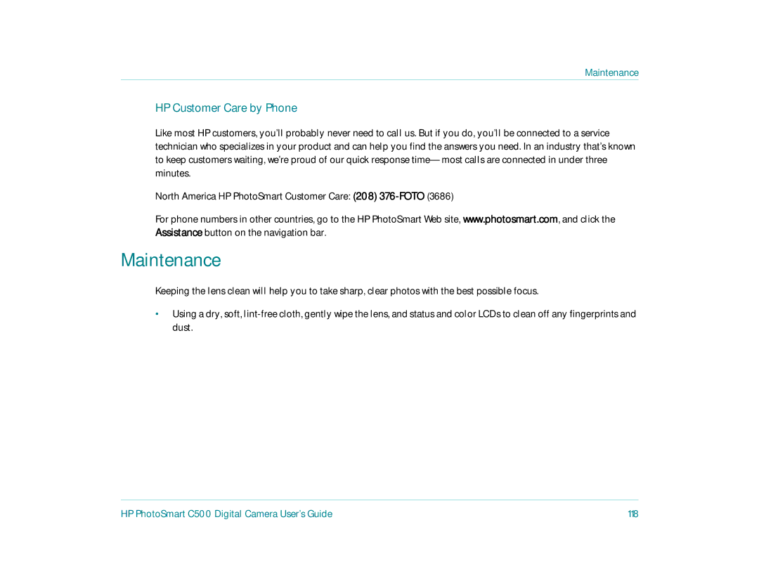 HP c500 manual Maintenance, HP PhotoSmart C500 Digital Camera User’s Guide 118 