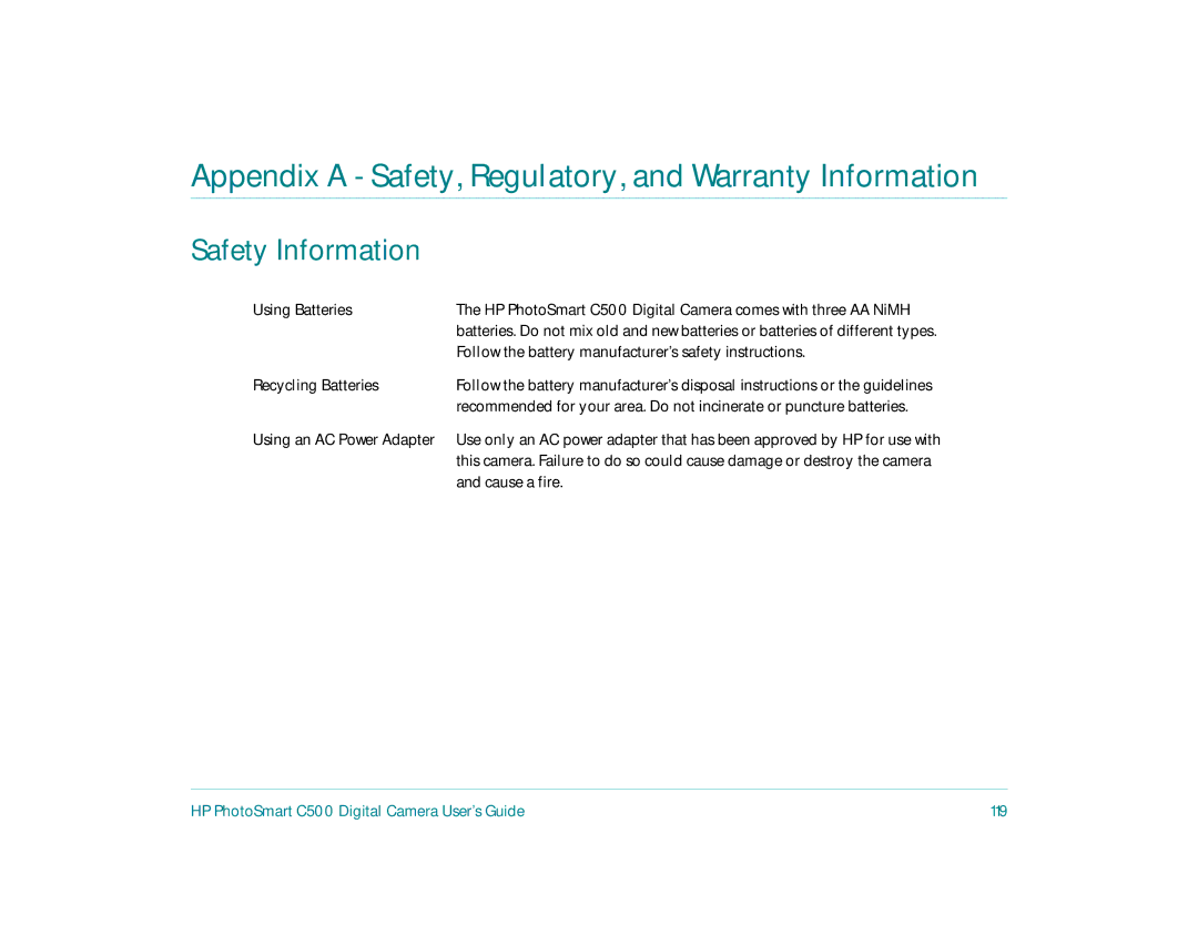 HP c500 manual Safety Information, HP PhotoSmart C500 Digital Camera User’s Guide 119 