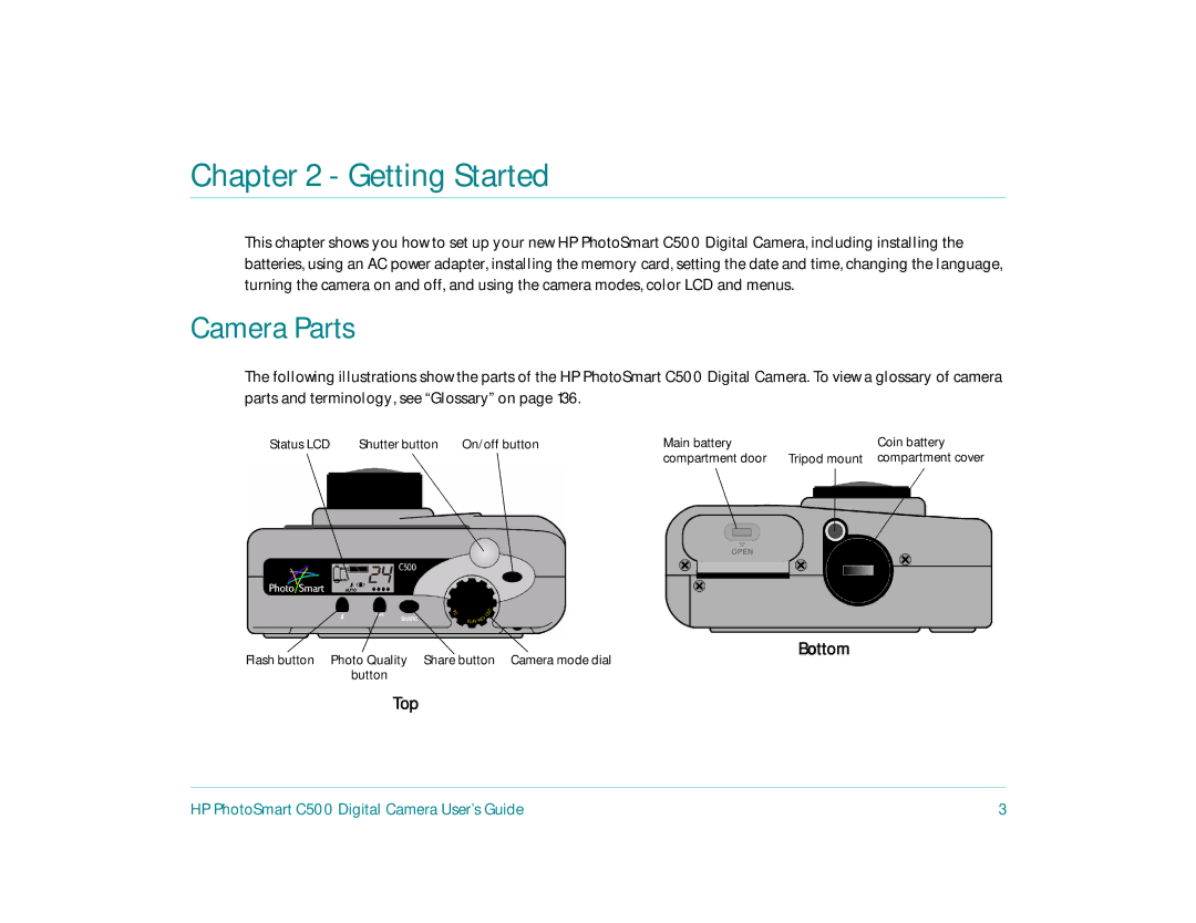 HP c500 manual Camera Parts, Top Bottom 