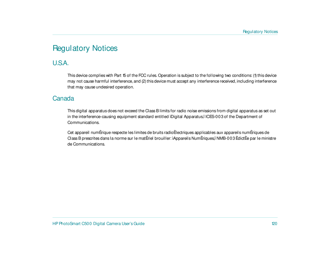 HP c500 manual Regulatory Notices, Canada, HP PhotoSmart C500 Digital Camera User’s Guide 120 