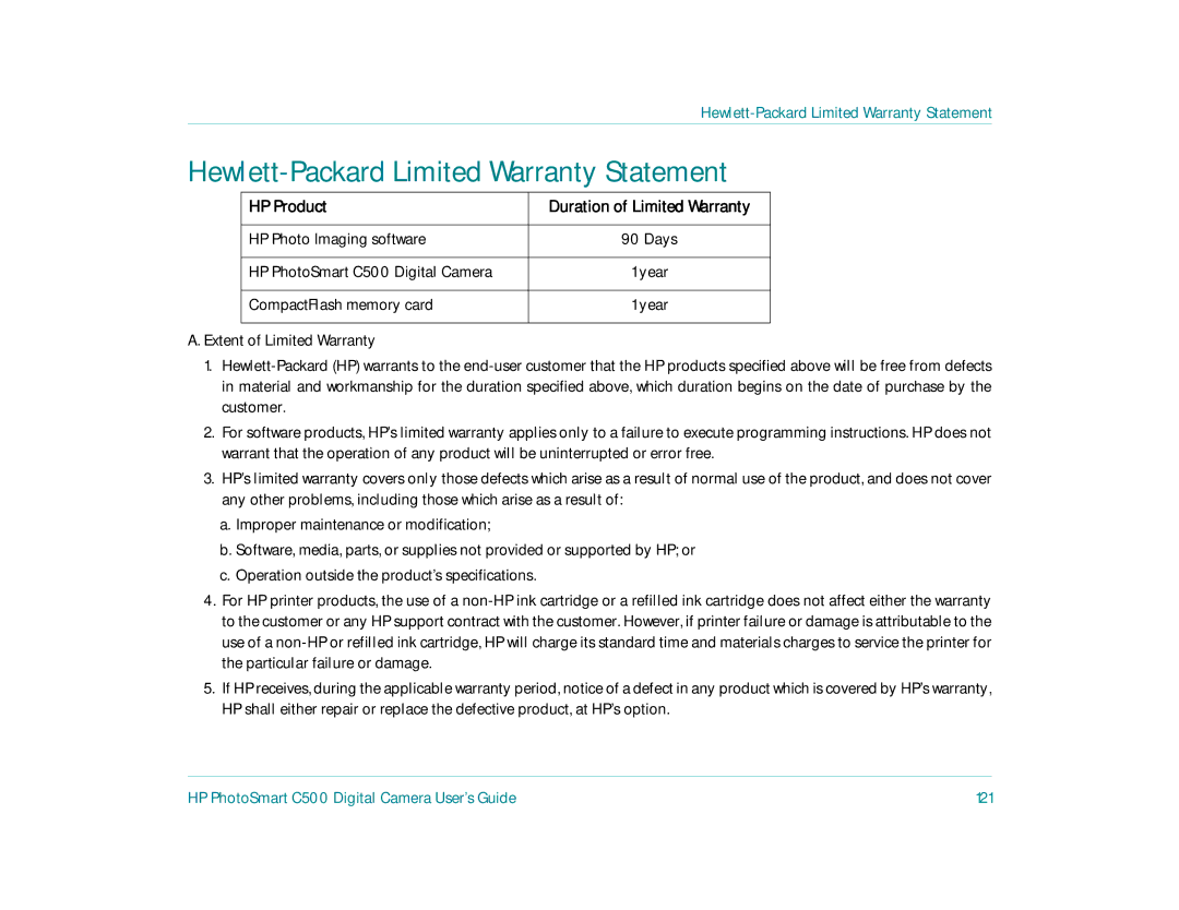 HP c500 manual Hewlett-Packard Limited Warranty Statement, HP Product, HP PhotoSmart C500 Digital Camera User’s Guide 121 