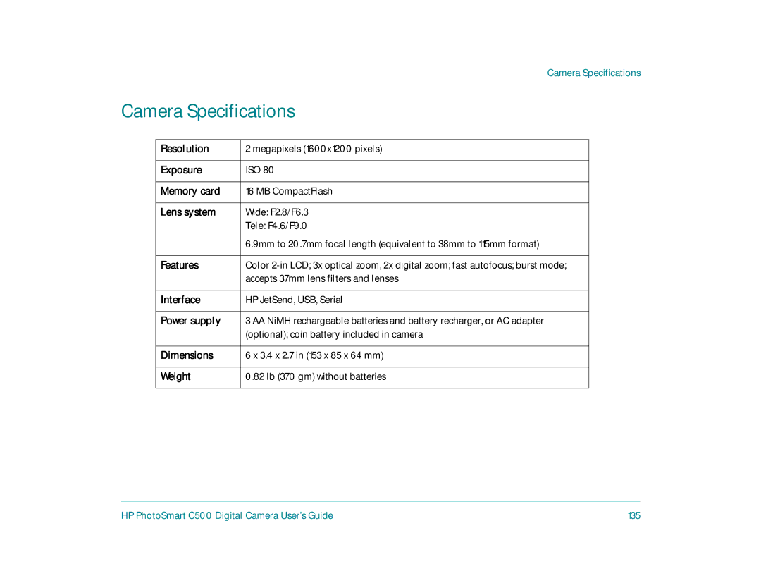 HP c500 manual Camera Specifications 