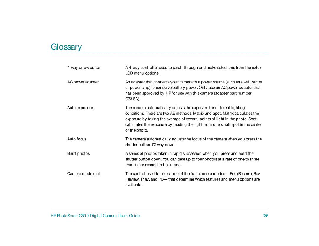 HP c500 manual HP PhotoSmart C500 Digital Camera User’s Guide 136 