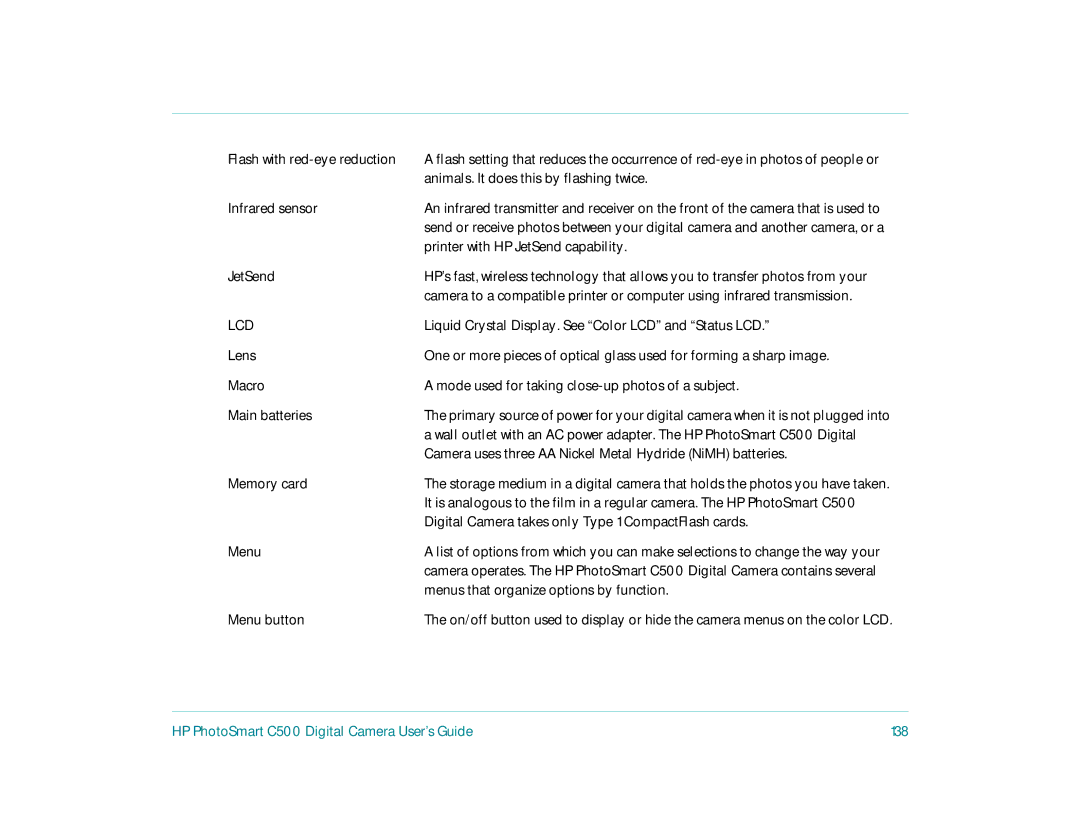 HP c500 manual HP PhotoSmart C500 Digital Camera User’s Guide 138 