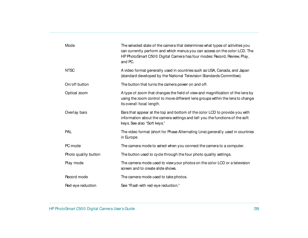 HP c500 manual HP PhotoSmart C500 Digital Camera User’s Guide 139 