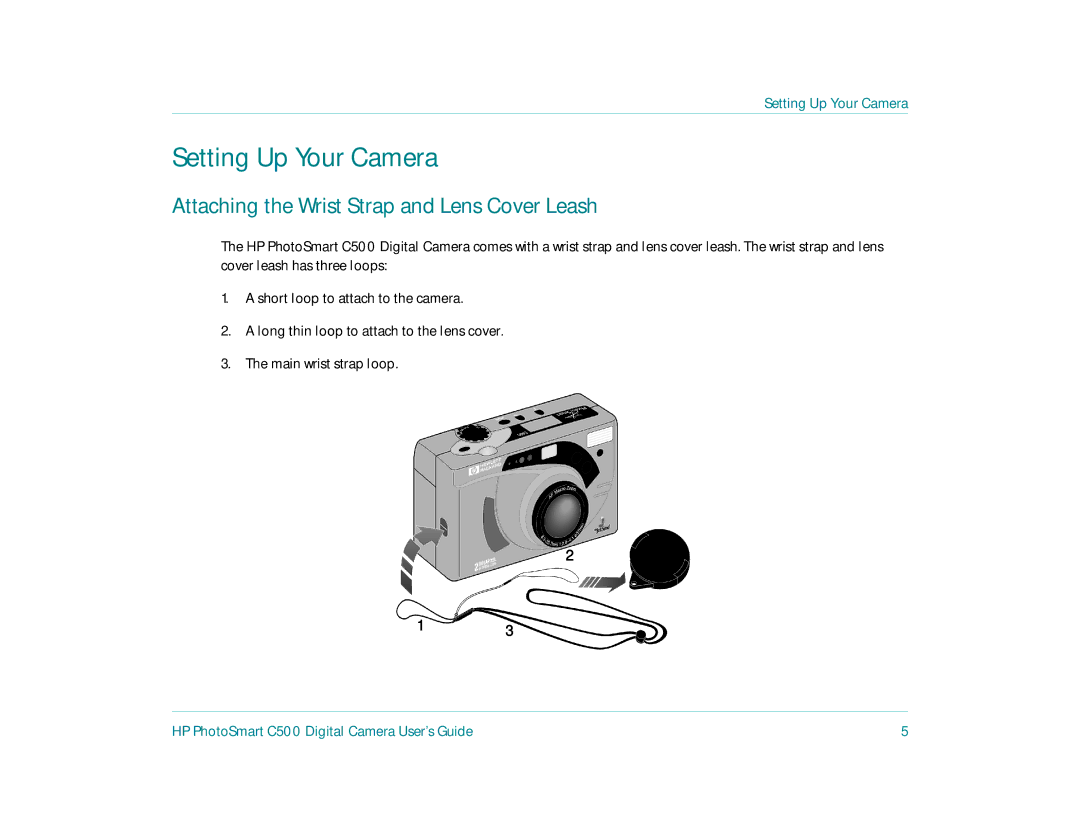 HP c500 manual Setting Up Your Camera, Attaching the Wrist Strap and Lens Cover Leash 