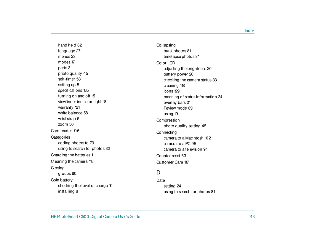 HP c500 manual Index, Checking the level of charge 10 installing Collapsing, Date setting Using to search for photos 