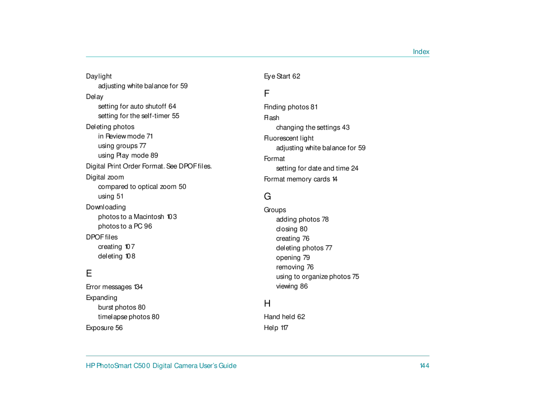 HP c500 manual Daylight Adjusting white balance for 59 Delay, Deleting photos, Error messages 134 Expanding 