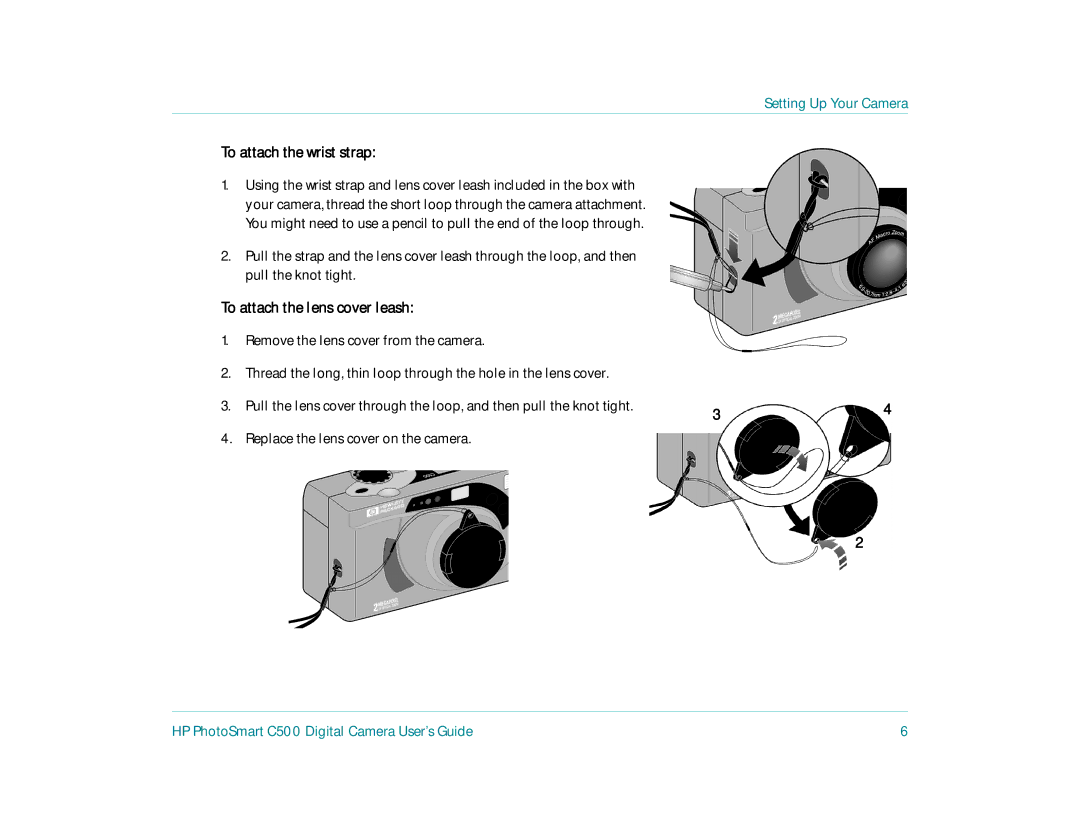 HP c500 manual To attach the wrist strap, To attach the lens cover leash, Replace the lens cover on the camera 