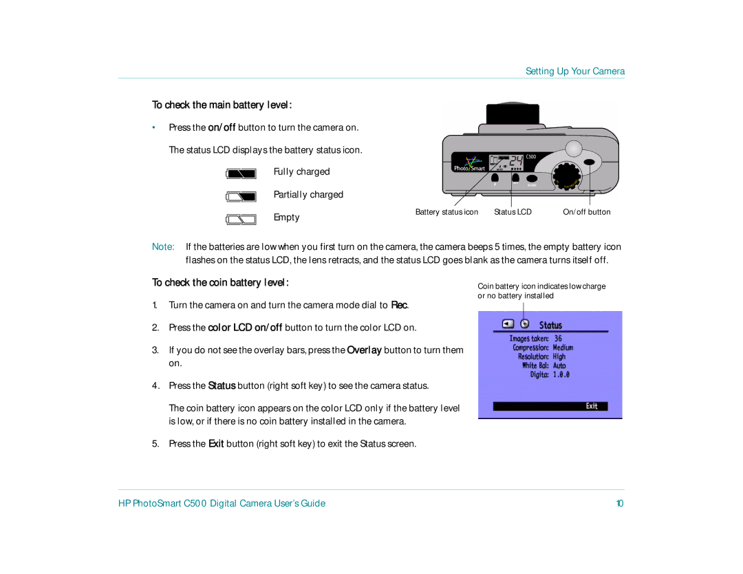 HP c500 manual To check the main battery level, To check the coin battery level 