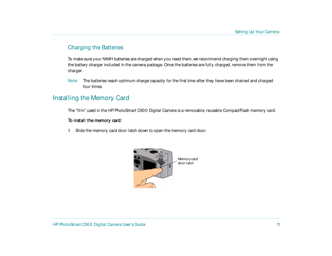 HP c500 manual Installing the Memory Card, Charging the Batteries, To install the memory card 