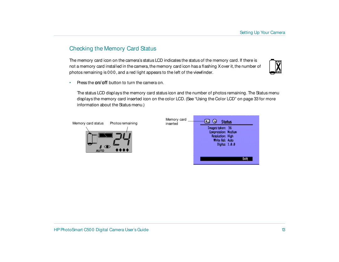 HP c500 manual Checking the Memory Card Status 