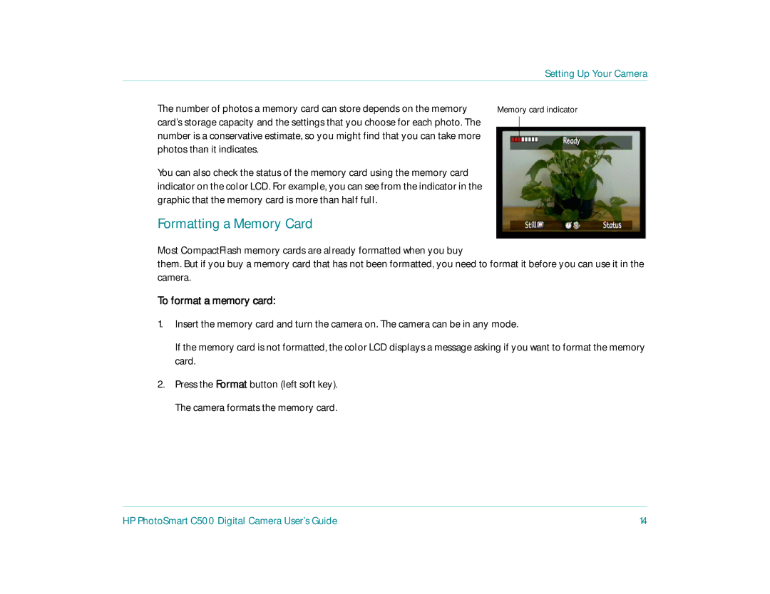 HP c500 manual Formatting a Memory Card, Photos than it indicates, Graphic that the memory card is more than half full 